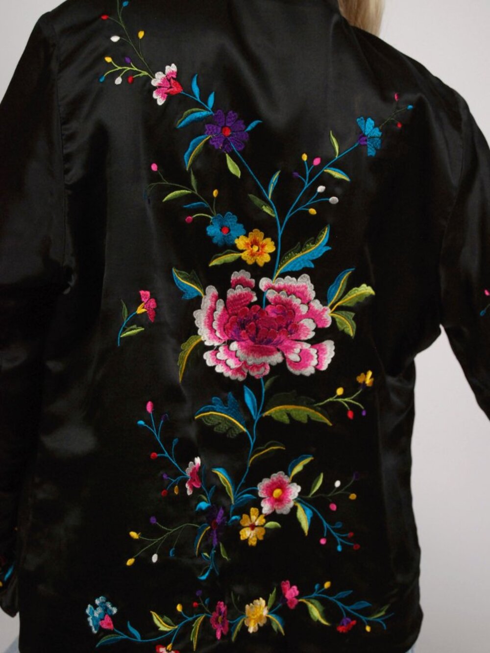 90s Silk Sukajan Jacket (M) medium black vintage womens embroidered chinese art - Picture 8 of 10